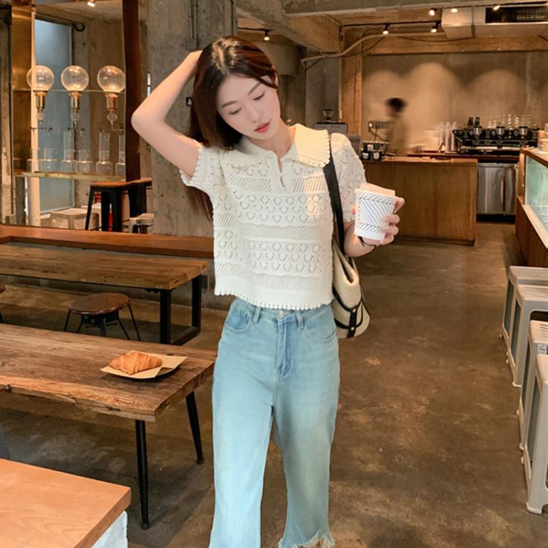 Summer Short Sleeve White Lace Blouse Women Sweet Doll Collar Knitted T-shirt Elegant Fashion Hollow Out Casual Loose Short Shirt Lady Simple Clothing