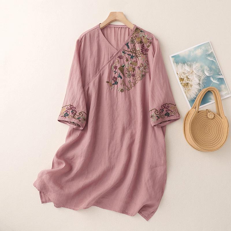 Women s Retro Embroidered Cotton Linen Shirt Dress - Summer 2026 Collection XXL розовый