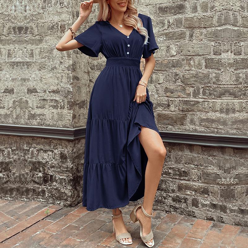 

Summer versatile romantic elegant wind slim V-neck ruffle edge solid color dress S темно-синього кольору