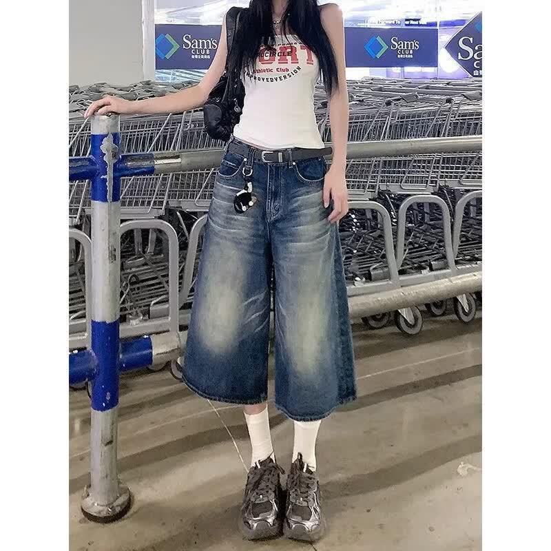 Women s Retro Washed High-Waist Cropped Wide-Leg Jeans L