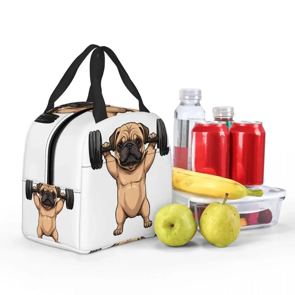 Pug Dog Weight Lifting Exercise Fitness Gym Workout Insulated Lunch Bag for Women Children Food Boxes Thermal Lunch Box Tote