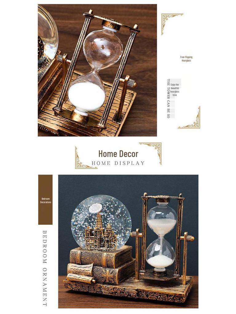 Retro Iron Tower Music Box with Luminous Crystal Ball Hourglass - Perfect for Desktop Ornament or Small Gift for Graduation, Qixi, or Valentine's Day.