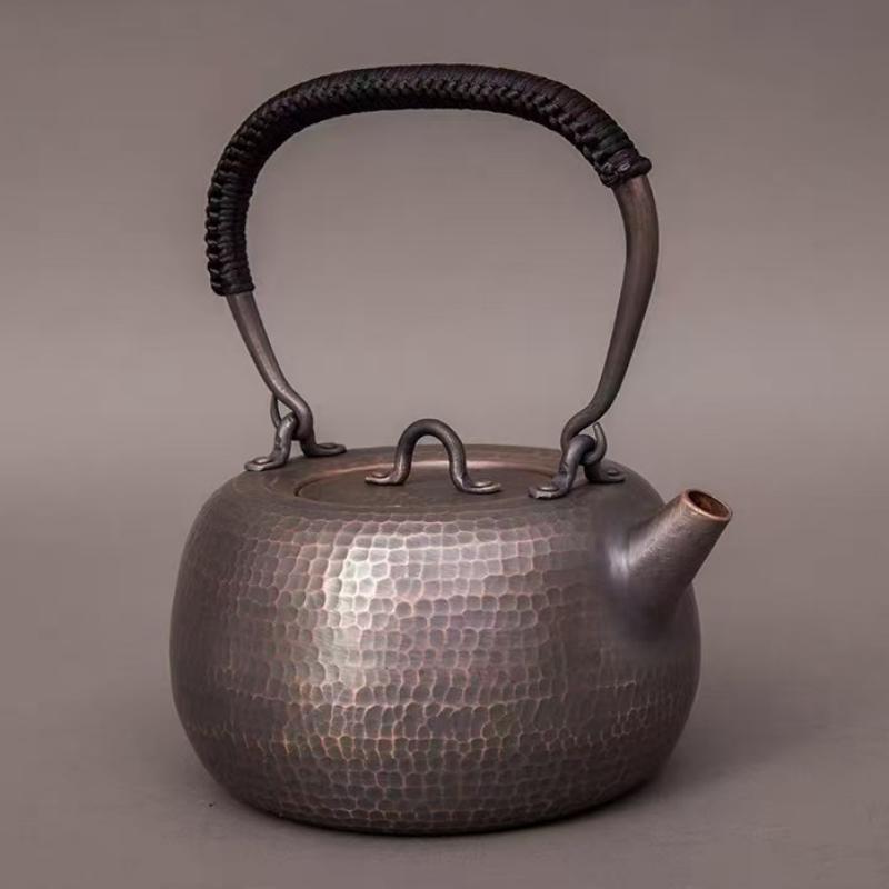 Vintage Thickened Copper Kettle,Handcrafted Hammer Texture Weave With lid Handheld1.5 L Coffee Pot,Heat Resistant Filter Tea Pot