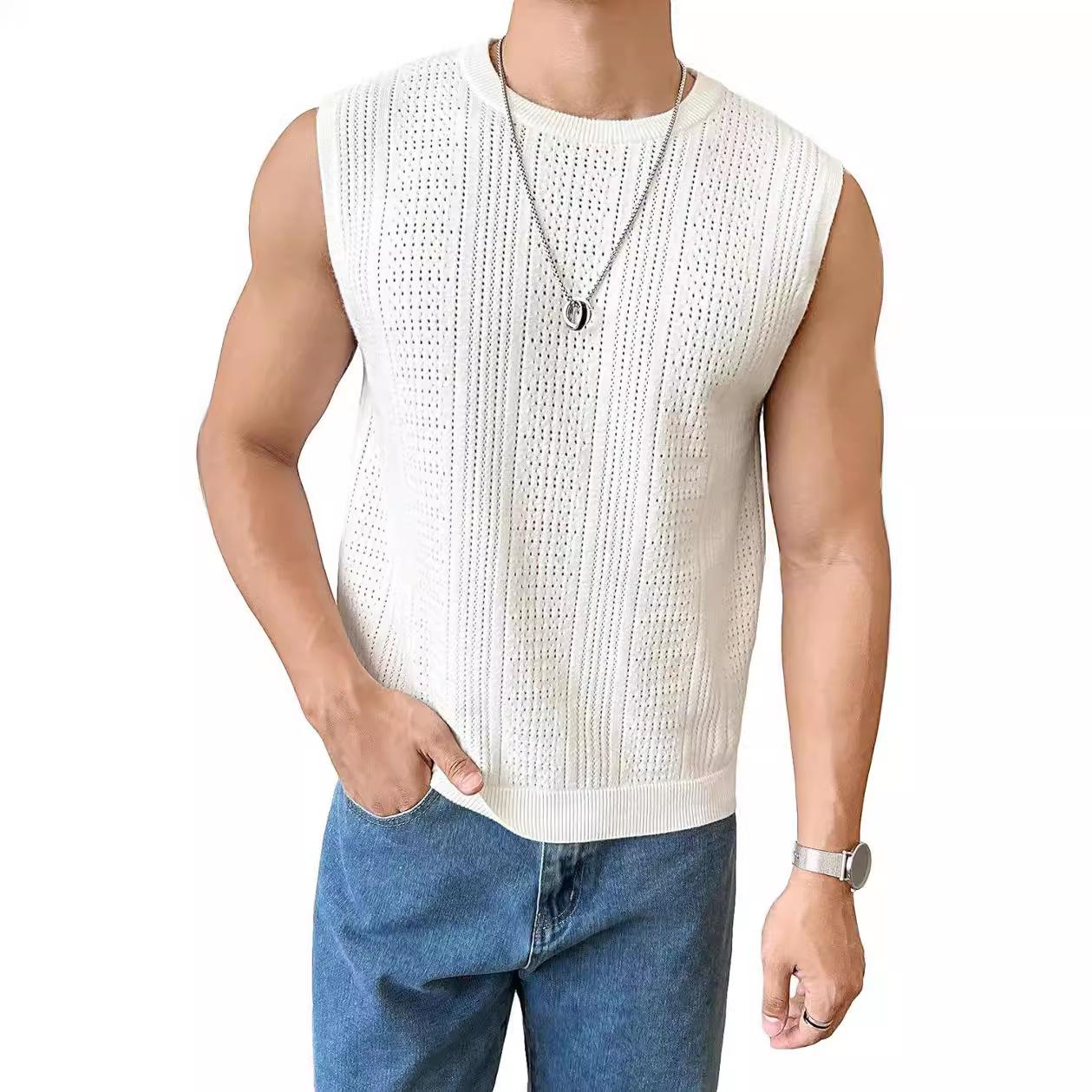 Летний полый вязаный свитер, мужской тонкий вязаный жилет без рукавов M белый