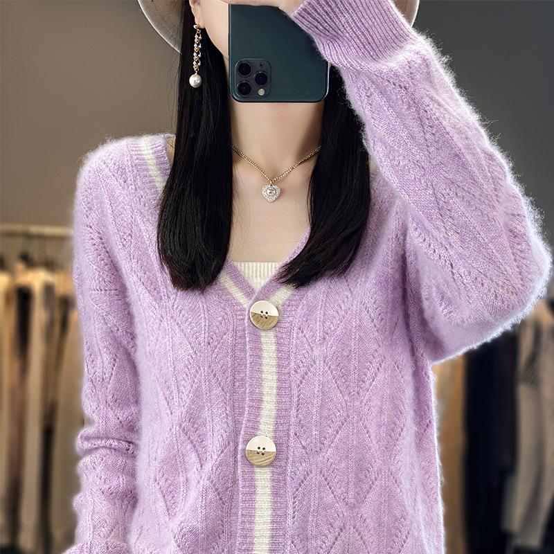 V-neck Cardigan Diamond Hollow Cardigan for Women Spring and Autumn Relaxed Fit Lazy Contrasting Wool Knitted Jacket Top