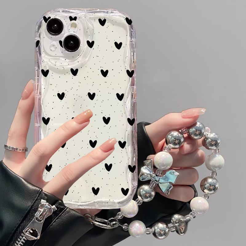Black Dots Heart Cover For Reno 15 Pro 14 13 14f 13f 12f OPPO A6 A5 PRO A79 A58 A78 Reno 8T Love Bow Chain Case Silicone