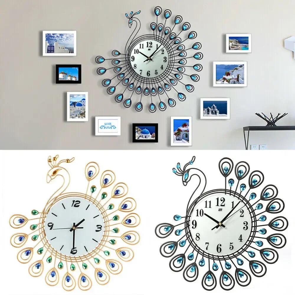 3D Peacock Wall Clock Metal Watch Diamond Flower Home Living Room Office DIY Clocks Crafts Ornaments Gift 38x38cm J1Z2R5