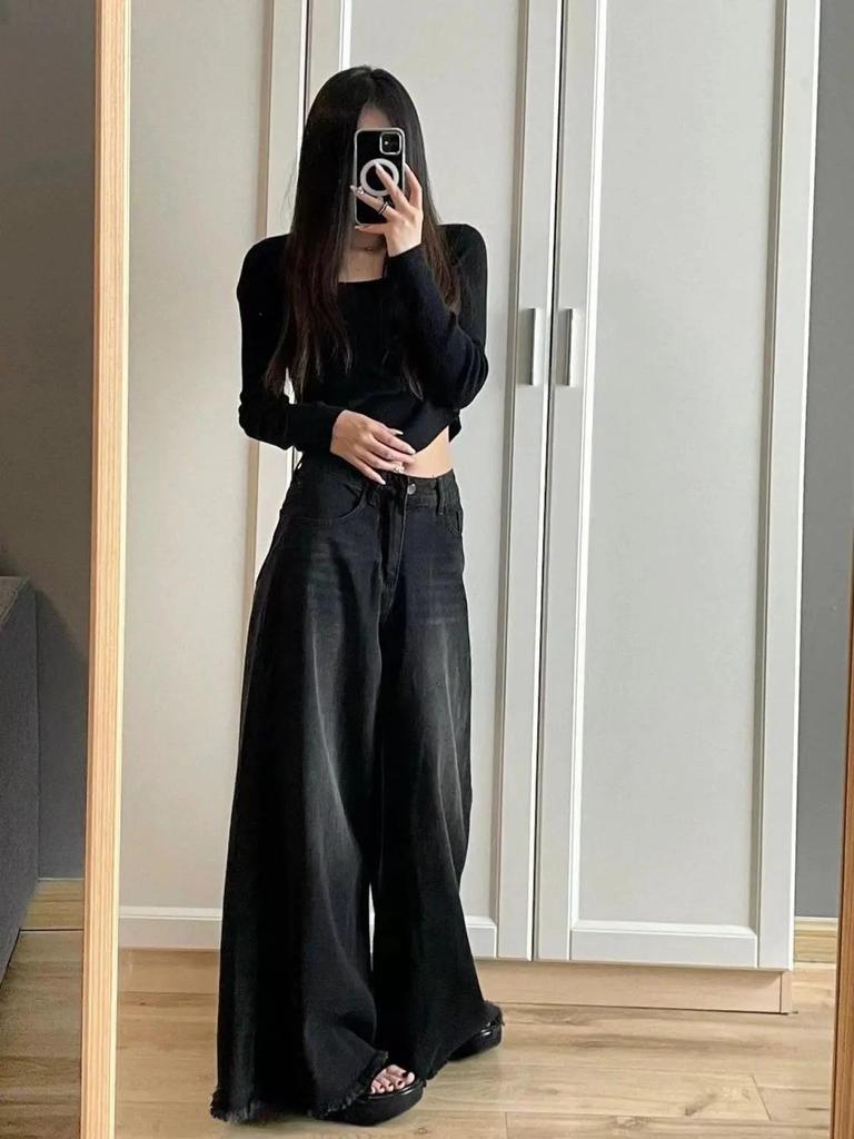 Retro Gray Wide-Leg High-Waist Jeans for Women - Slimming, Loose Fit, Floor-Length Hem