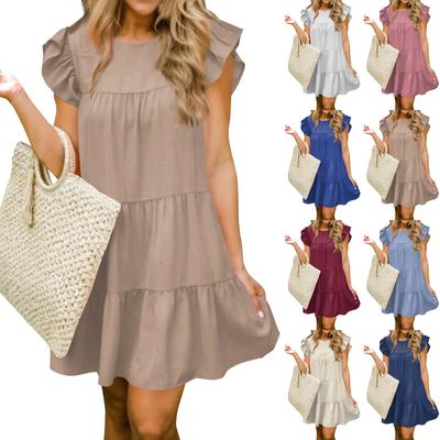 Women Fashion Summer Casual O-Neck Ruffle Sleeve Sleeveless Flowy  Short Tunic Dress