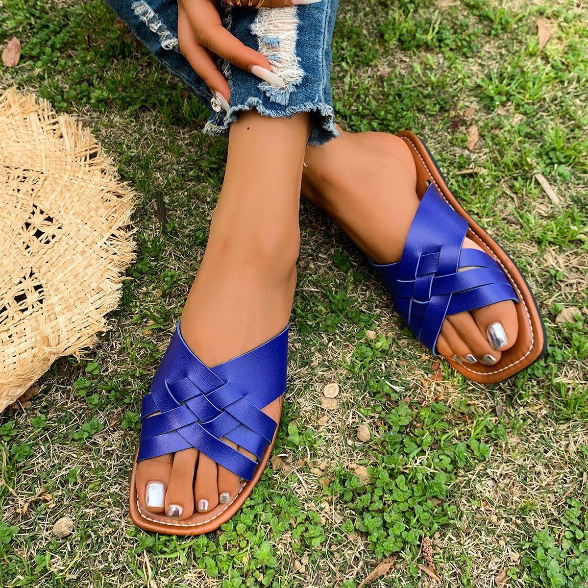 

Носите однословные тапочки женские плетеные с квадратным носком большого размера крутые тапочки пляжные тапочки 41 синий