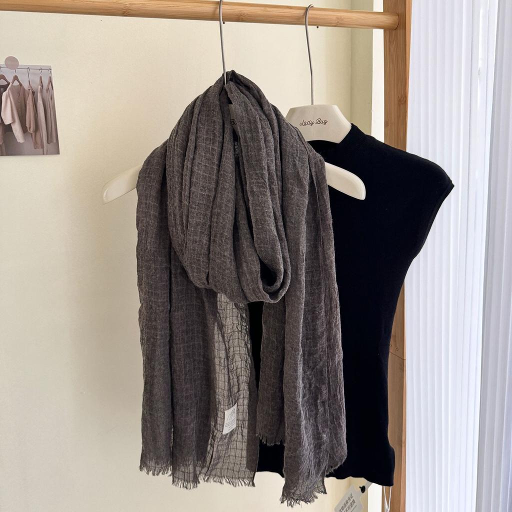 Cotton Linen Scarf Pleated Waffle Texture Women'S Spring And Autumn Thin Solid Color Cotton Yarn Shawl Dual-Purpose Long Winter
