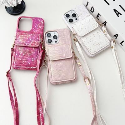 Wallet Lanyard Case for iPhone 16 15 14 Pro Max 11 12 13 15 Pro X XR XS 7 8 Plus Bag Crossbody Strap Crystal Lizard Design Cover