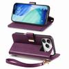 For iPhone 17 Pro Case Floral Leaf Pattern Multi Card Slots Zipper Leather Phone Cover with Wrist Strap