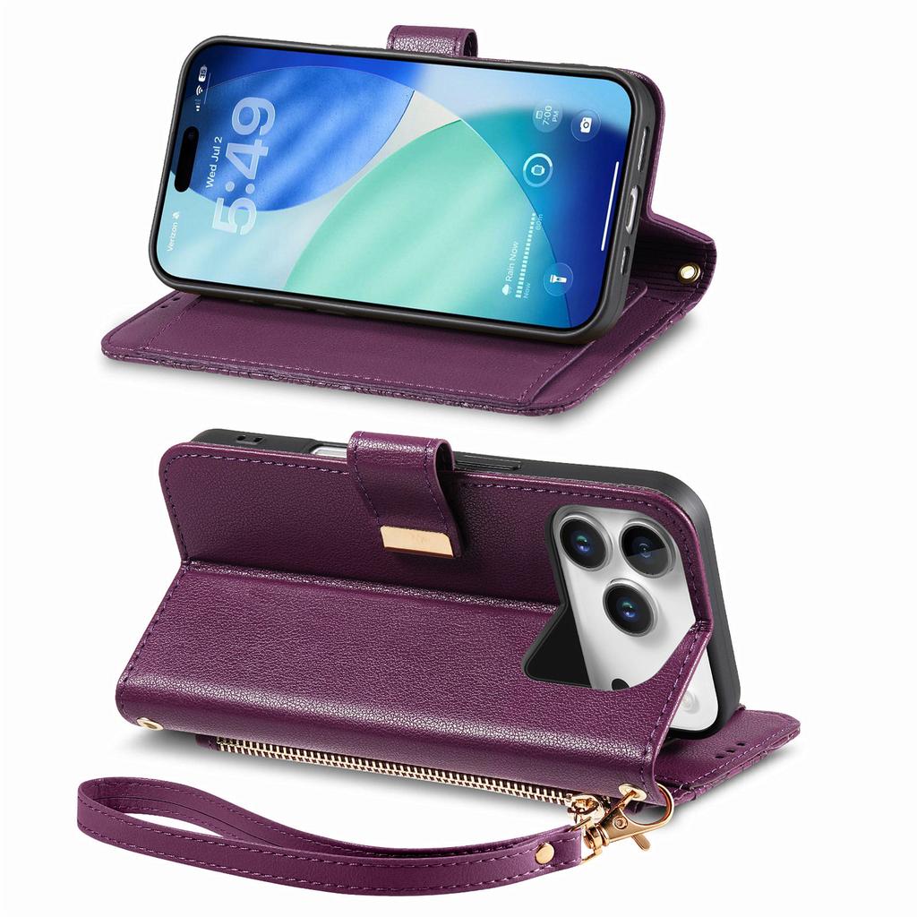 For iPhone 17 Pro Case Floral Leaf Pattern Multi Card Slots Zipper Leather Phone Cover with Wrist Strap