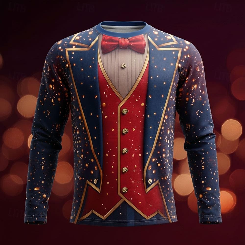 2025 Christmas Men's Christmas Costume Tuxedo T Shirt Long Sleeve T-shirt 3D Print Crew Neck Shirt Daily Vacation Party Wear