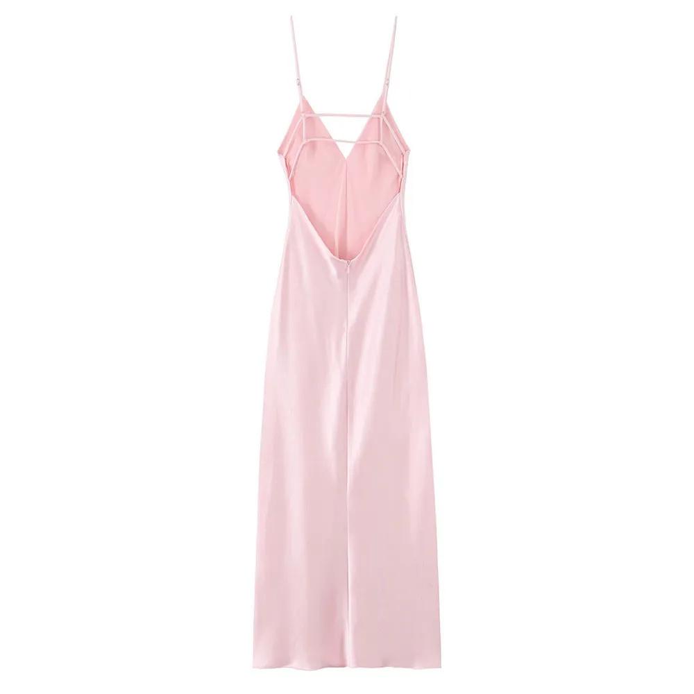 Satin Slip Dress with Spaghetti Straps Backless Design Lightweight Silky Fabric Midi Length Summer Dress for Women