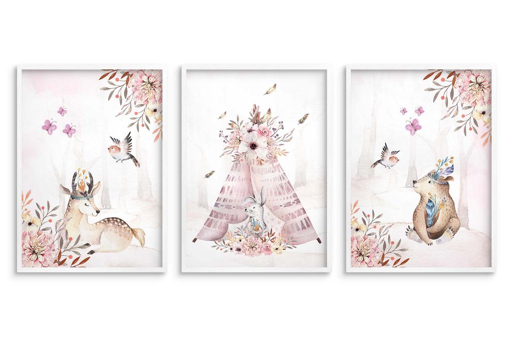 Plakaty dziecięce Zestaw Las Boho Pastelowy róż Obrazy dla dzieci 50x70