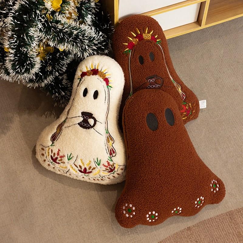 Halloween Ghost Plush Cushion With Embroidered Design For Living Room Decor