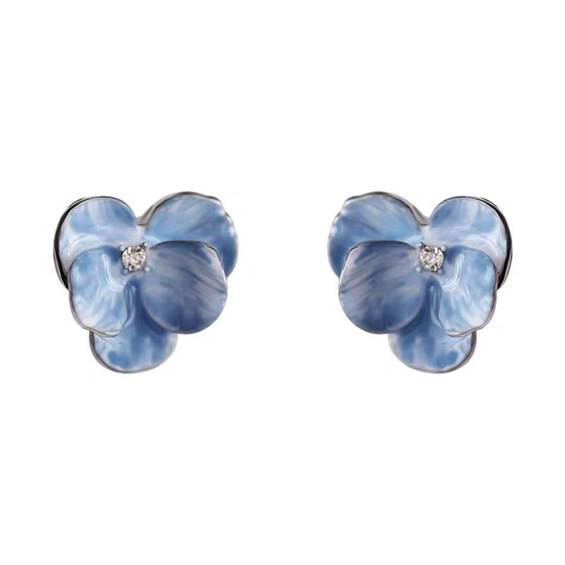 Sweet Red Blue Enamel Flower Stud Earrings For Women Korean Fashion Five Petals Crystal Flowered Lovely Cute Girls Ear Decoration Jewelry