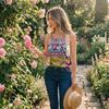 Women Sleeveless U Neck Button Detail Floral Print Casual Tank Top Lightweight Summer Blouse Patchwork Design