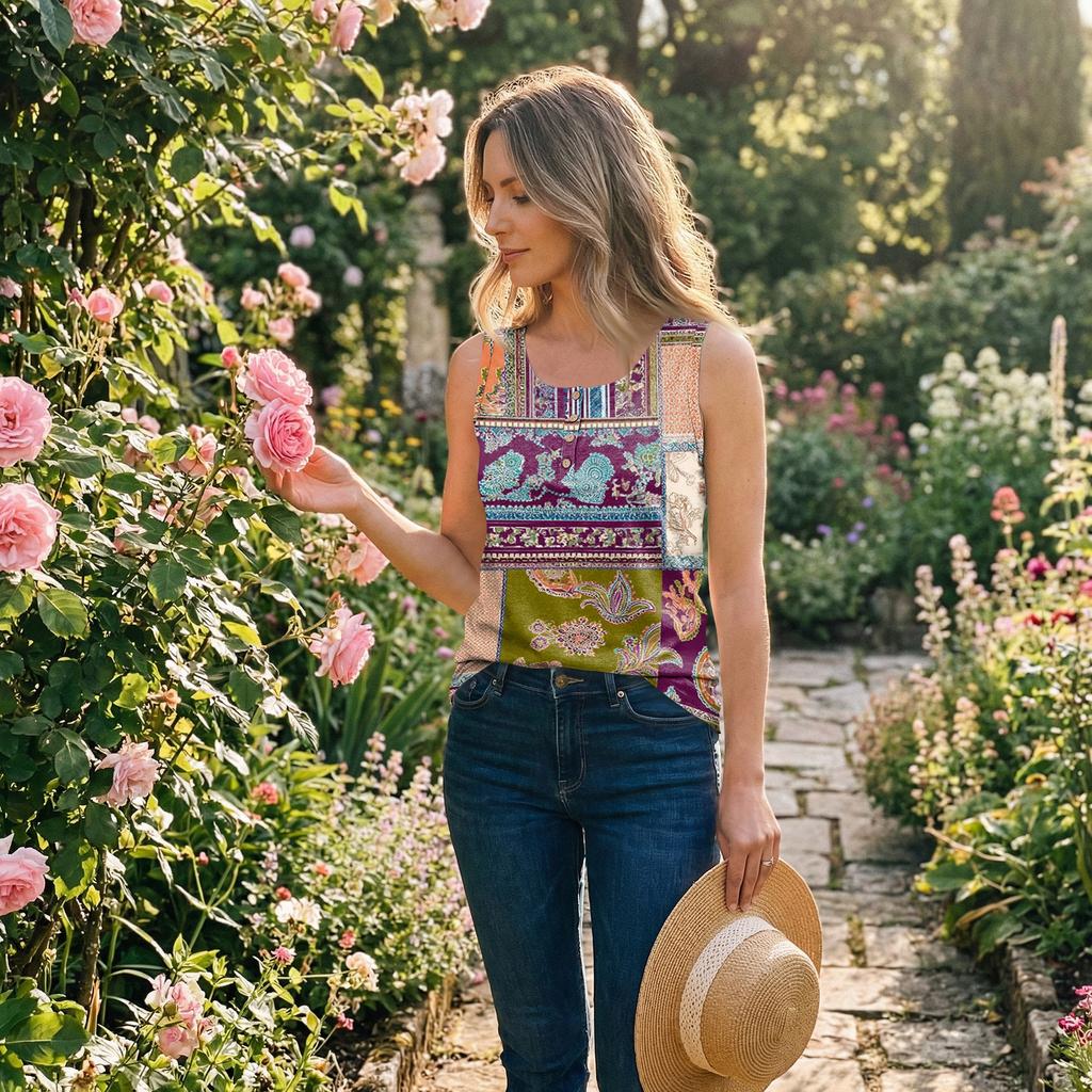 Women Sleeveless U Neck Button Detail Floral Print Casual Tank Top Lightweight Summer Blouse Patchwork Design