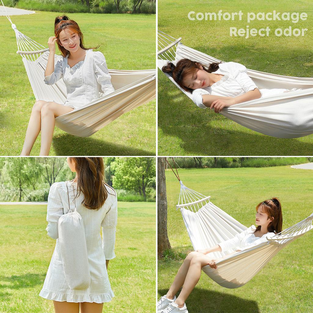 Hammock Swing Bed with Wood Bar, 2 Person Single Double Thickened Fabric Soft Canvas Portable Large Hanging Hammock