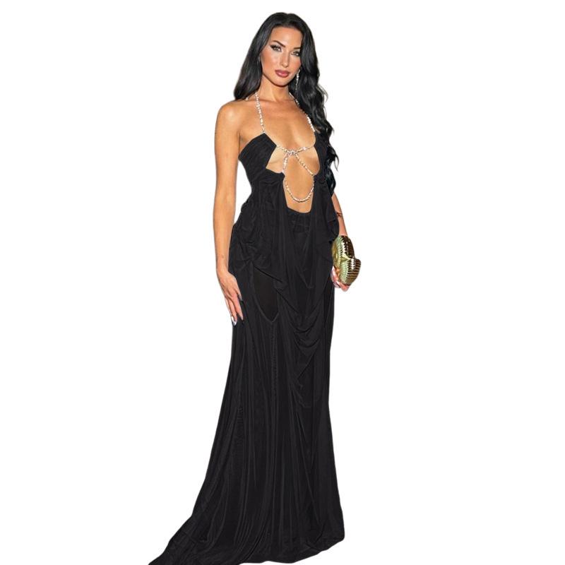 2025 Sommer Europäisches & Amerikanisches Netz Durchsichtiges Neckholder-Kleid: Sexy tief ausgeschnittener Urlaubsstil für Damen