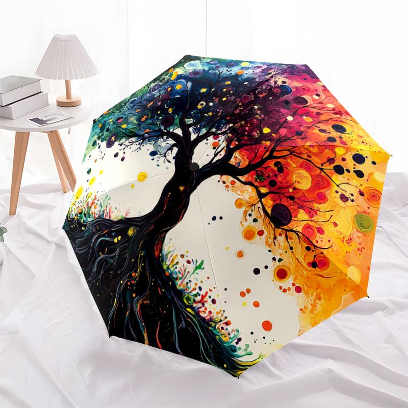 1 PC Automatic Folding Umbrella - Colorful Tree Pattern, Portable & Foldable Design with 8 Ribs, Christmas Birthday Gifts