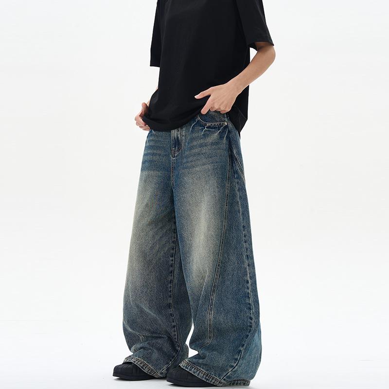 Unisex American Retro Blue Washed Scythe Lace-up Baggy Jeans 2XL