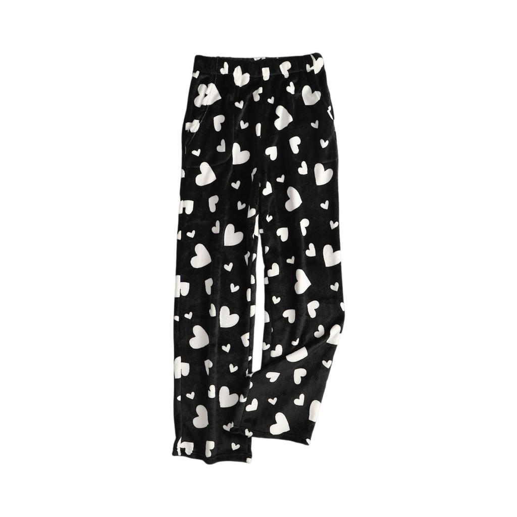 Damen Pyjamahose Plüsch Schlafhose Weiche Elastische Taille Pyjamaunterteil Gemusterte Hose Mit 2 Taschen