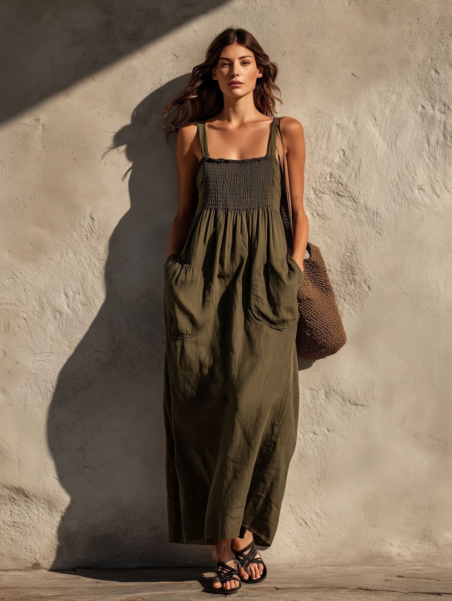 2026 summer new olive green cotton and linen suspender dress women s loose and thin holiday dress S