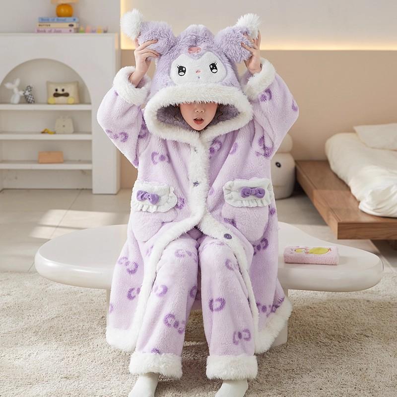 Girls Winter Coral Fleece Pajama Set Long Sleeve Hooded Sleepwear Kids 8 Years Soft Warm Home Outfit