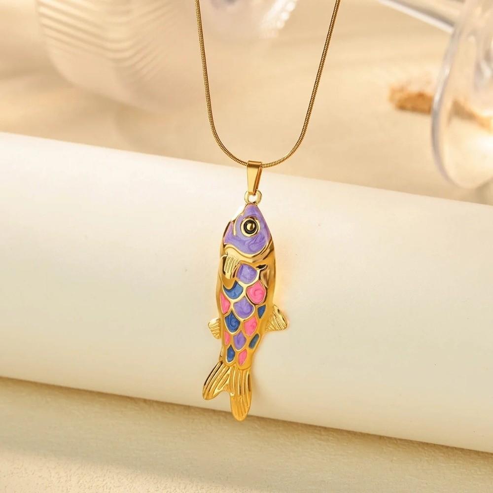 Elegant Enamel Ocean Necklace Snake Chain Marine Life Necklace Unique Fish Pendant Necklace  Retro