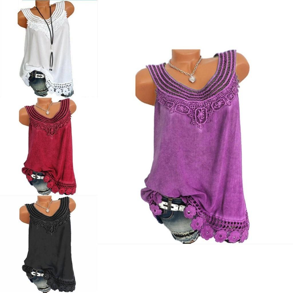 Women's Loose Sleeveless Vest T-shirt Blouse With Elegant Boho Lace Design In Plus Sizes
