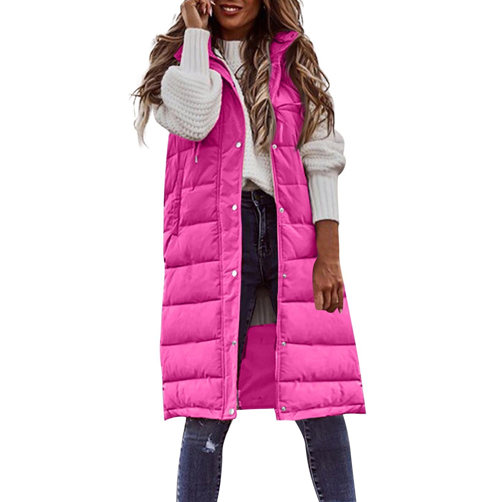 Damenmode, einfarbig, einreihig, mittellange Baumwollweste mit Kapuze, Slim Fit, temperamentvolle Strickjacke, Jackenoberteil M heißes rosa
