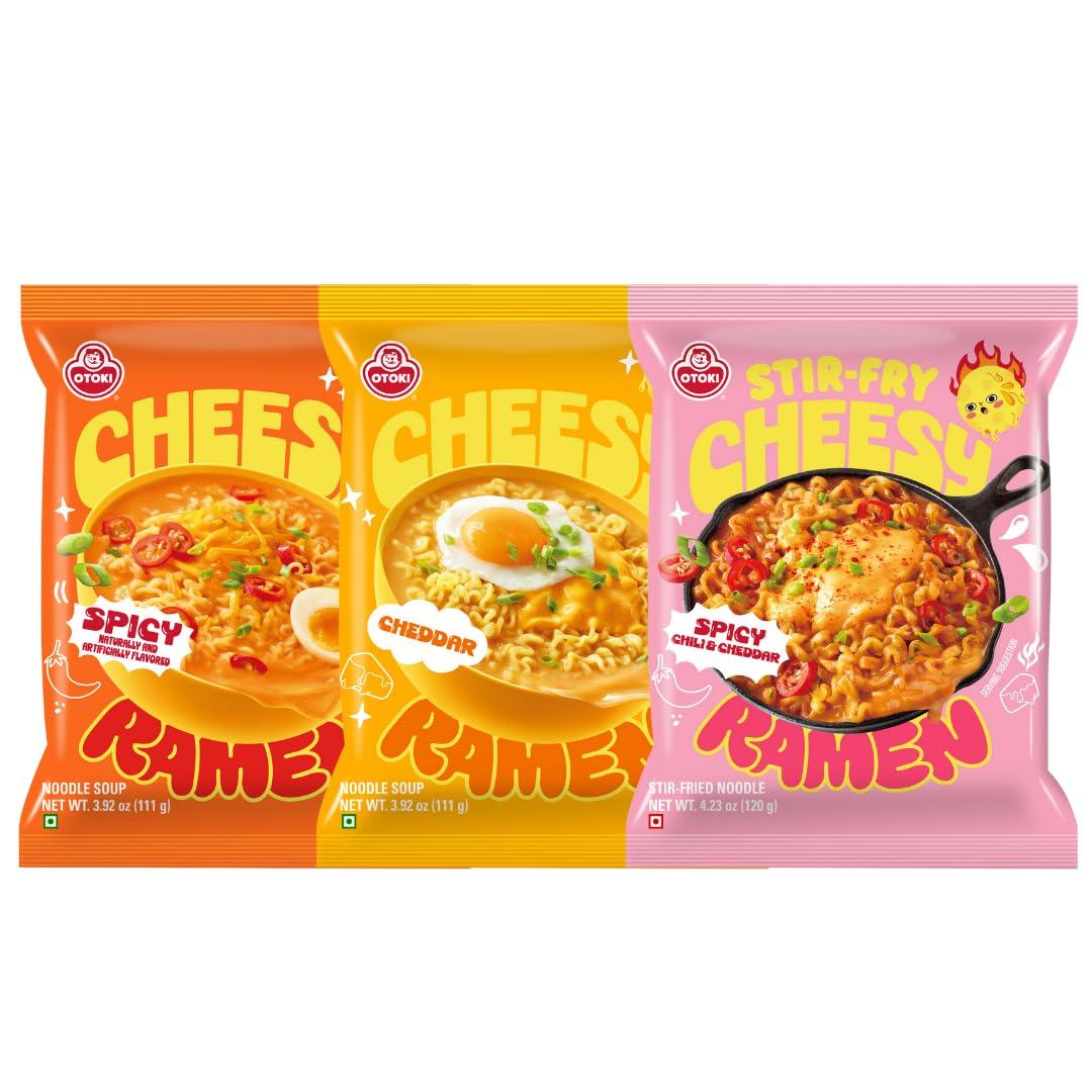 

OTOKI Cheesy Ramen Korean Style Instant Noodles Trail Pack Spicy, Cheddar & Spicy Chili-Cheddar Flavor 342g Pack (Set of 3) | Authentic Korean Ra