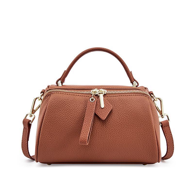 

Genuine Leather 2026 Classic Retro Boston Handbag - Elegant Cowhide Crossbody & Shoulder Bag for Women золотисто-коричневый