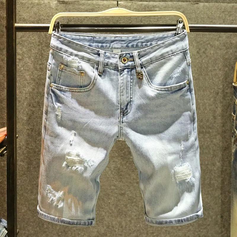 Men's Summer Slim Fit Denim Shorts with Ink-Splashed Print and Diamond Accent