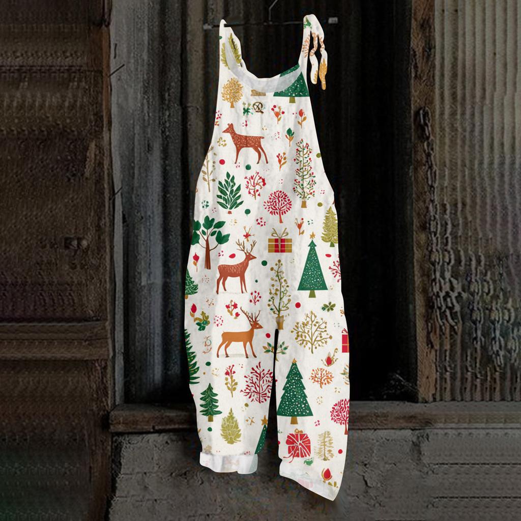 Damen Jumpsuit Print Casual Loose Vintage Schultergurt Baumwolle Leinen