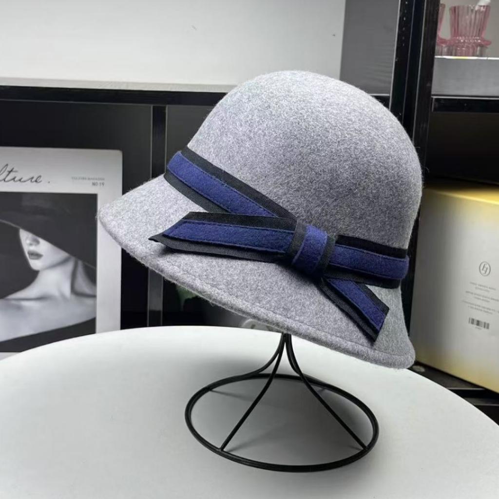 Hepburn style autumn and winter contrasting color bow versatile pure wool hat women's basin hat French top hat felt hat