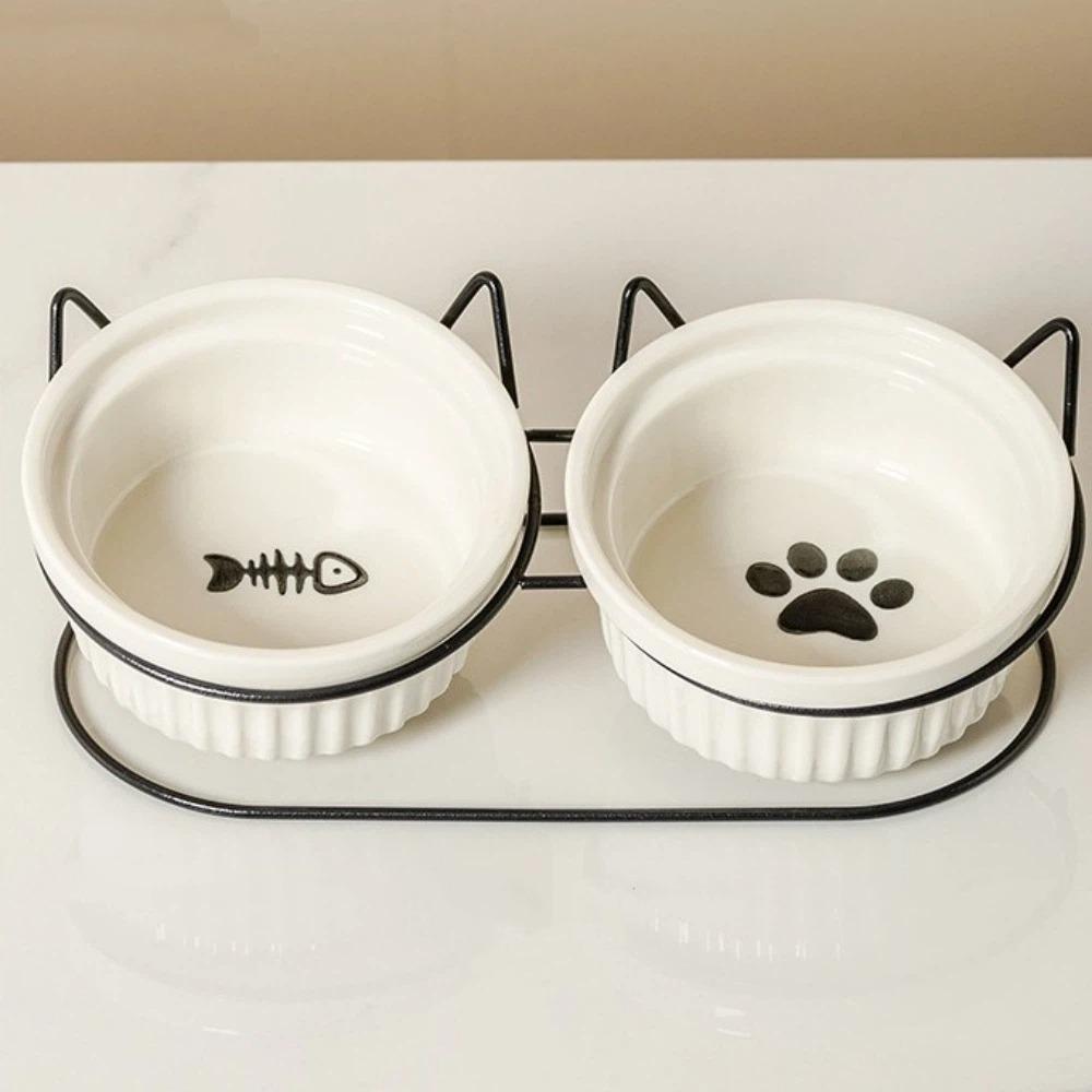 Non-Slip Ceramic Cat Bowls Iron Bracket Cat Water Bowls Elevated Cat Double Bowls  Dog Feeder