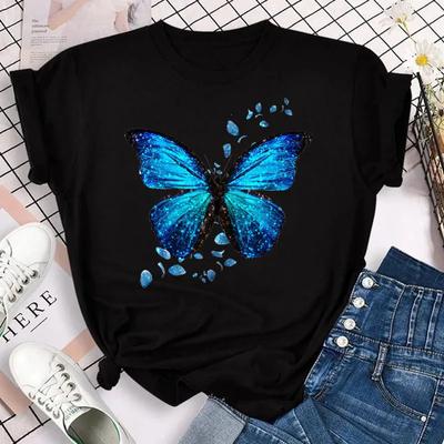 Women's Colorful Butterfly Petal Print T-Shirt, Short Sleeve, Round Neck, Cute Graphic Tee Shirts, Female Tops Clothes