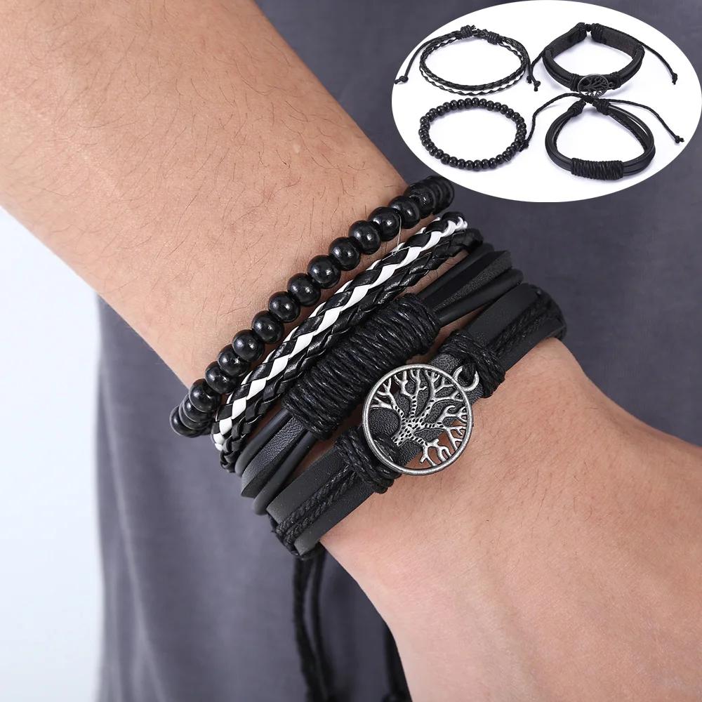 3-4Pcs Vintage Leather Bracelet Set For Men Tree of Life Charm Black Woven Rope Beads Chain Wrap Bangle Women Handmade Jewelry