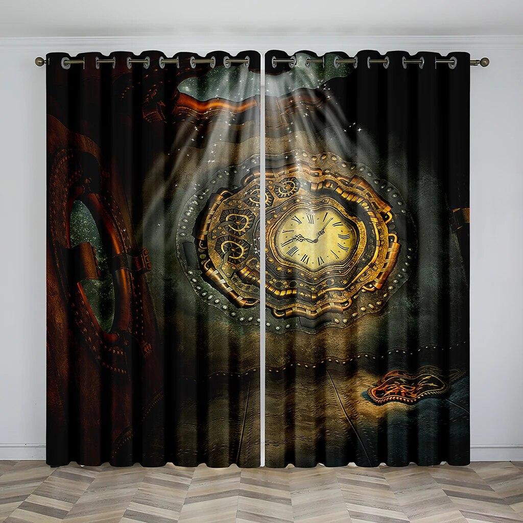 Steampunk Style Antique Composition Brass Fastening Round Print 3D Digital Printing Bedroom Living Room Window Curtains 2 Panels