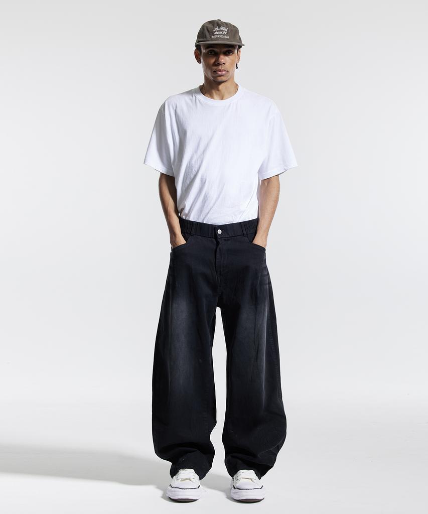 CREAM SODA LAB Half-Band Vintage Front Wash Wide Balloon Denim Pants Black
