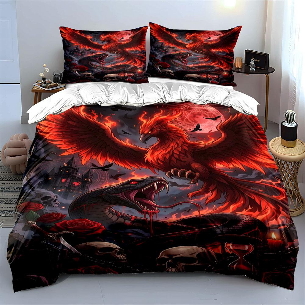 Fiery Phoenix and Serpent Design Bedding Duvet Cover Set  (1*Duvet Cover 2*Pillowcases, Without Duvet Insert)