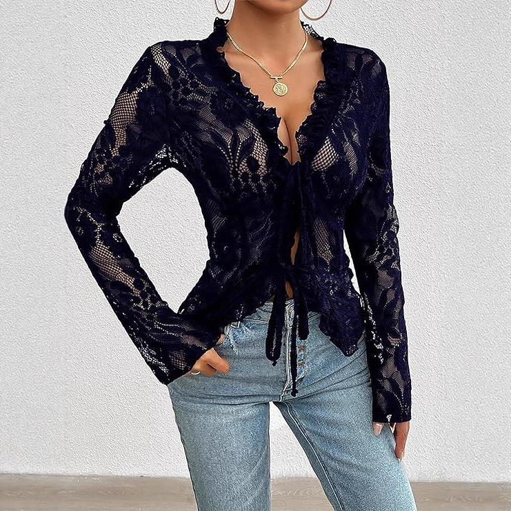Womens Sexy Open Front Tie Long Sleeve Ruffle Trim Sheer Lace Crop Tops Blouse
