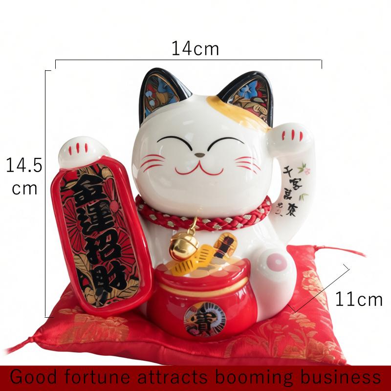 

5.8 Inch Ceramic Lucky Cat Money Bank Fortune Cat Figurine for Home Office Decoration, Maneki Neko with Bell and Red Cushion