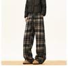Men Women Winter Warm Fleece Lined Plaid Casual Pants Elastic Waist Drawstring Straight Leg Wide Trousers