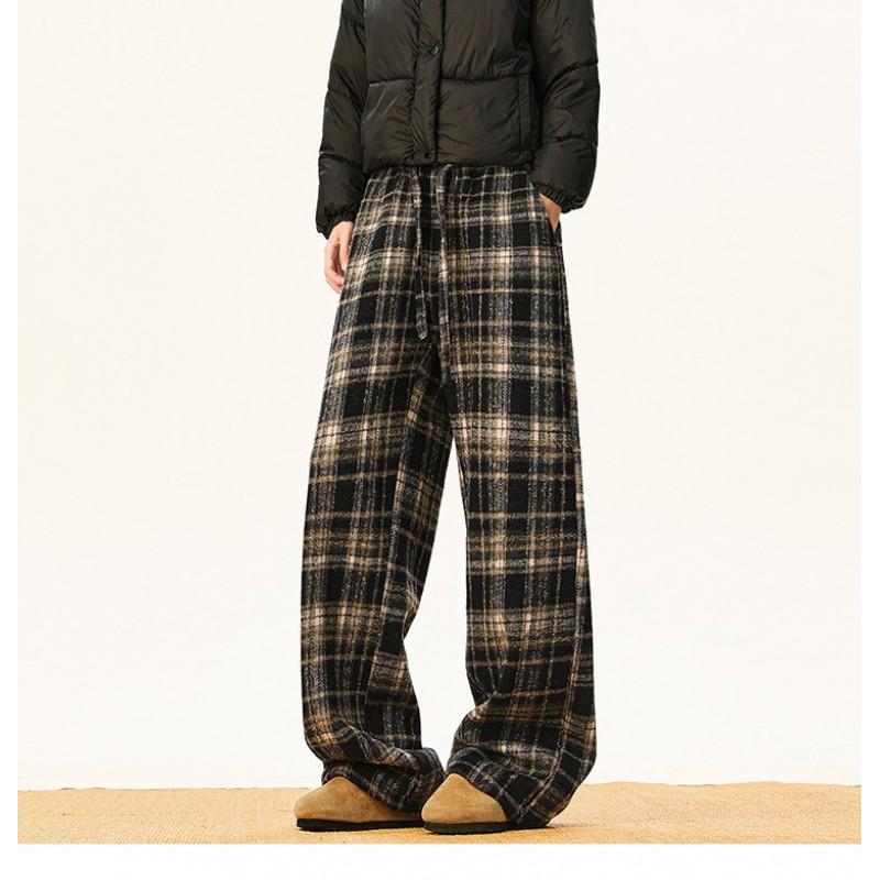 Men Women Winter Warm Fleece Lined Plaid Casual Pants Elastic Waist Drawstring Straight Leg Wide Trousers